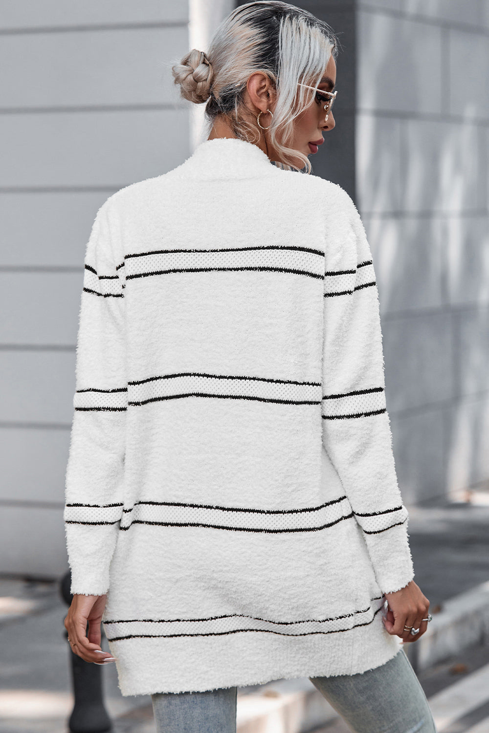 Striped Open Front Cardigan with Pockets