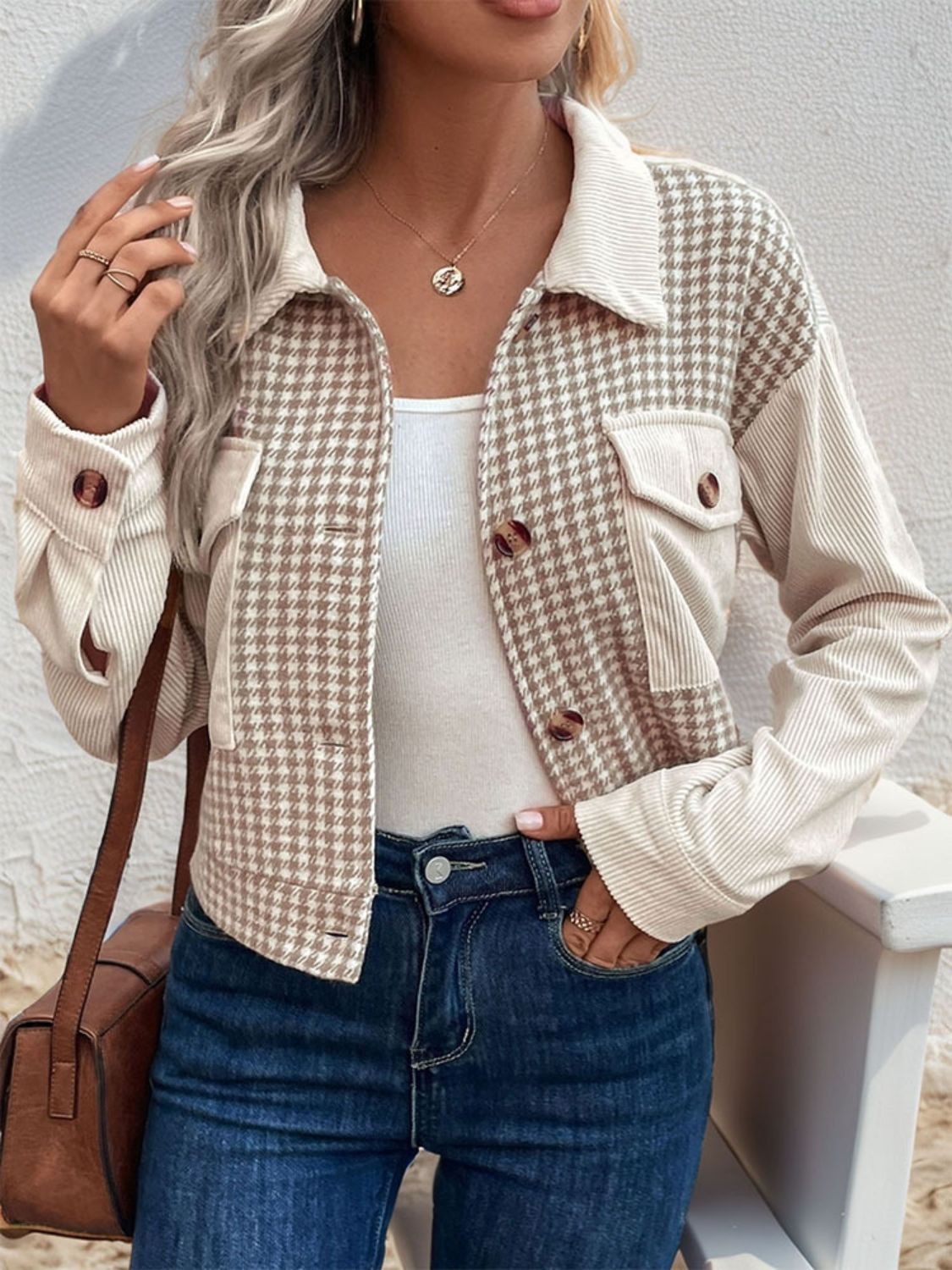 Pocketed Houndstooth Long Sleeve Jacket