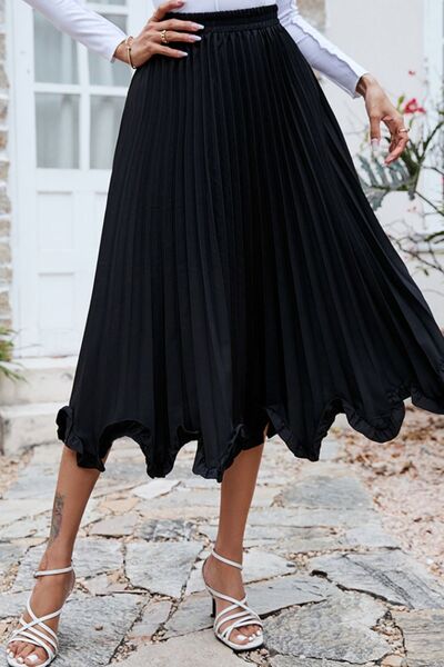 Frill Trim Pleated Elastic Waist Skirt