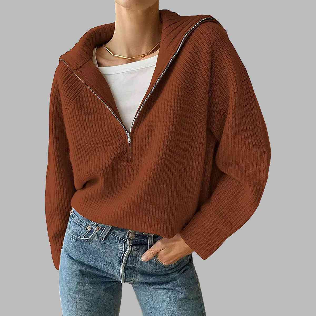 HaIf Zip Long Sleeve Knit Top